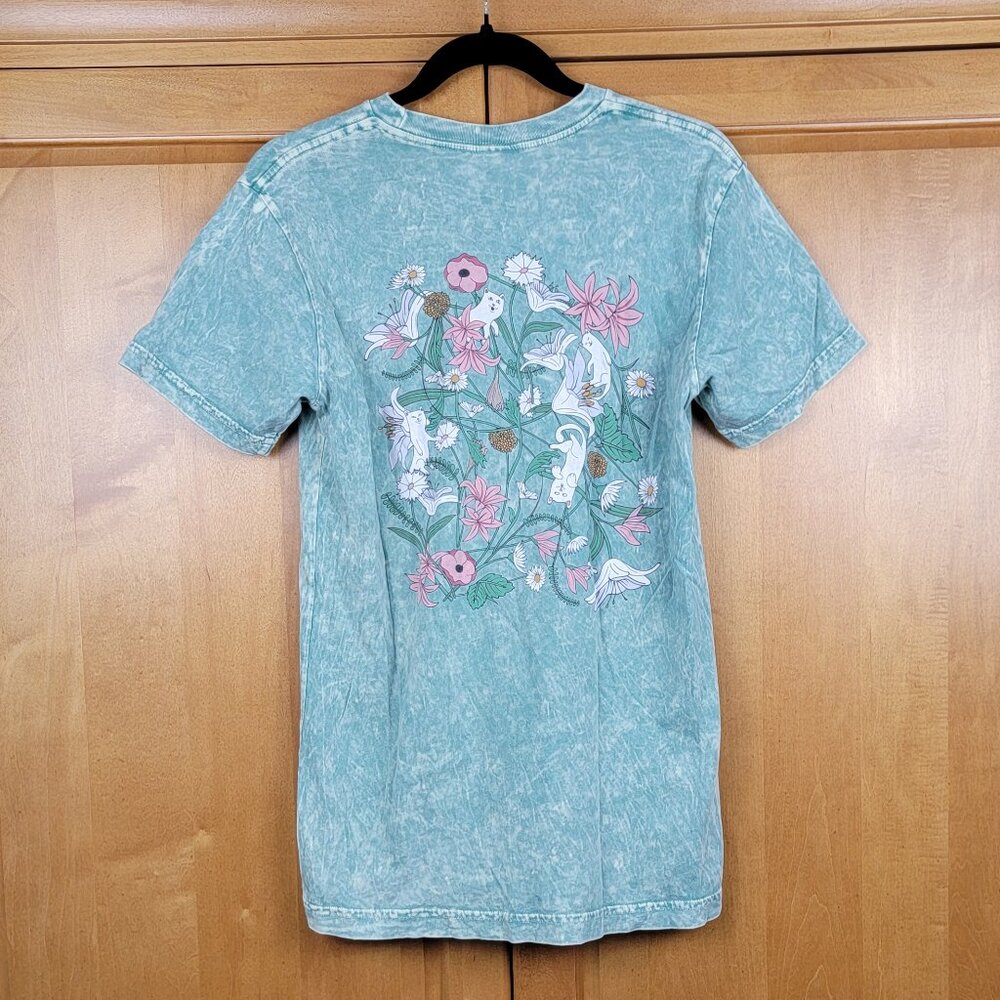 RIPNDIP Unisex Stonewashed Green Cotton Tee Featuring Lord Nermal White Cat - S